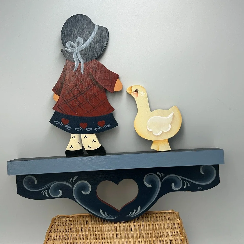 1980s Wood Painted Blue Mini Wall Shelf Goose Heart Cut Out Bows Country Cottage